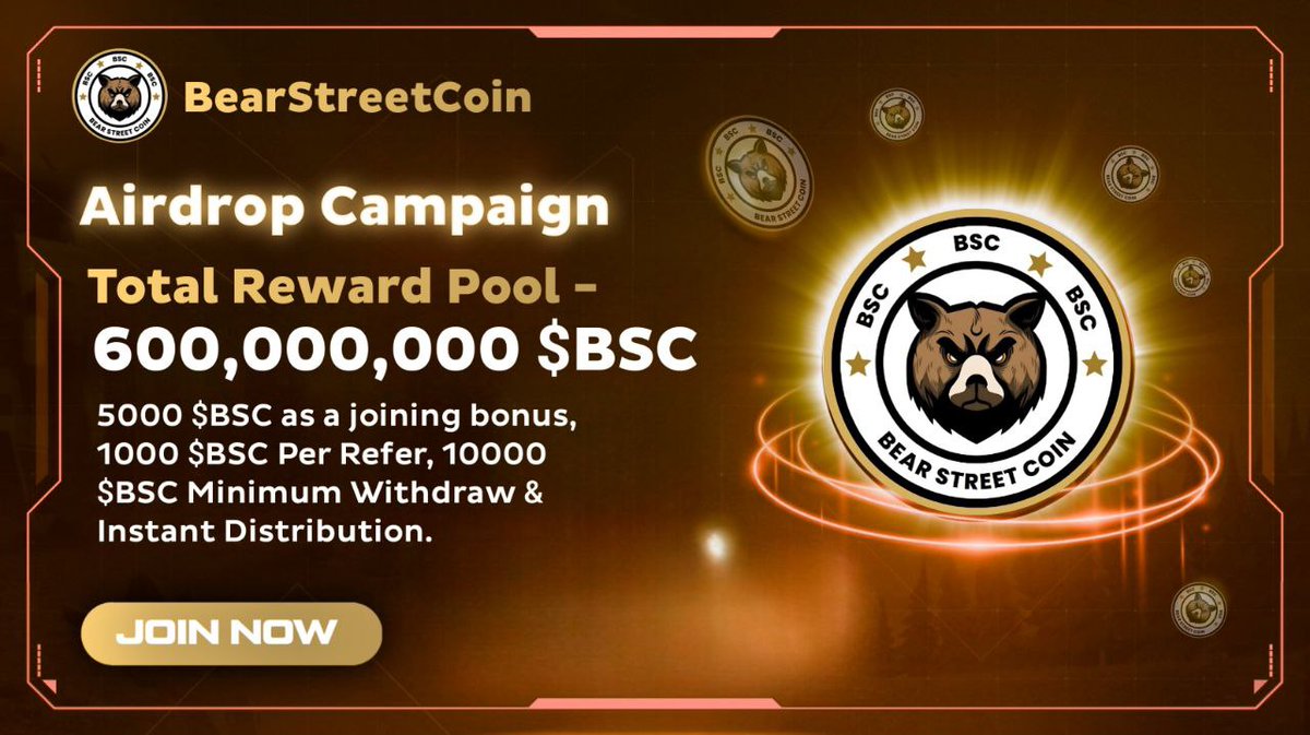 🔥New airdrop: BearStreetCoin 💸Total Reward: 600,000,000 $BSC Coins 🎁Refer Reward: 1000 $BSC ⏳BSC Coin Distribution: Instant 🔗 Airdrop Link: t.me/BearStreetAird… How to join? - Start Airdrop bot - Complete All Tasks of Airdrop - Submit Your BNB (BEP20) Wallet