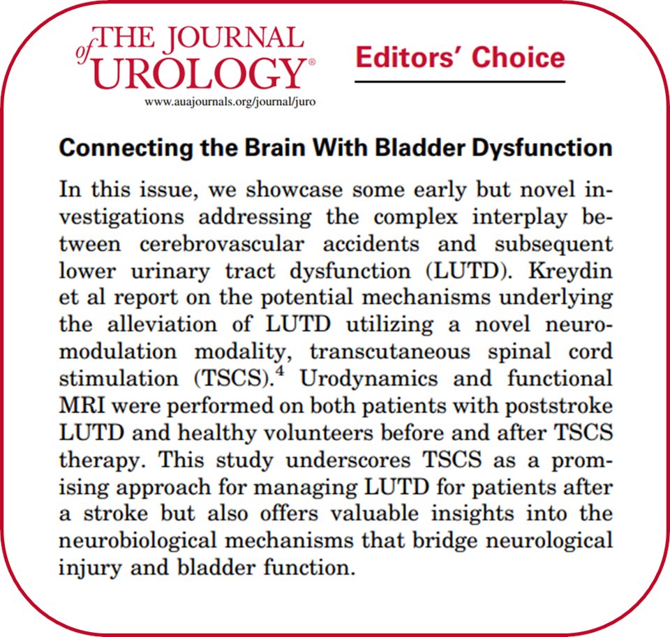 Our fMRI-UDS-TSCS study spotlighted in the Journal of Urology's Editor's Choice articles! Shoutout to the incredible team 🌟@EKreydin @RitaPJen @Neuro_KJ @vs_montero @DrLuismorales90 @DavidGUSCFPMRS 🔗doi.org/10.1097/ju.000… #Stroke #fMRI #neuroscience #UroSoMe #MedTwitter