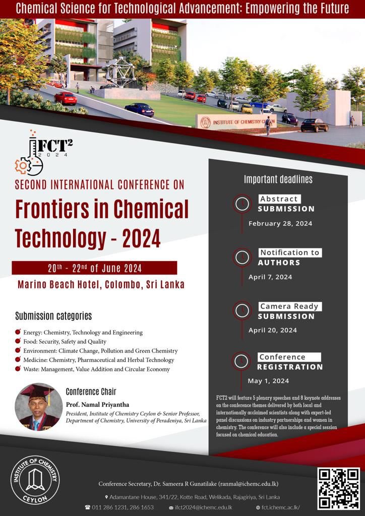 cnde282_92's tweet photo. Second International Conference on Frontiers in Chemical Technology - 2024
20th - 22nd of June 2024 in Marino Beach Hotel, Colombo, Sri Lanka

https://t.co/zpBhYdnVZ2 https://t.co/Zn40qZIkqT