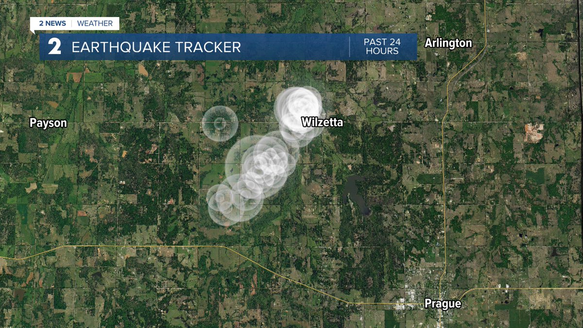 BrandonWholey's tweet photo. Here are the quakes over the past 24 hours near Wilzetta, Oklahoma. Northwest of Prague. Zoom in and you see Oil Road.
#2NewsOk #OkQuake https://t.co/v5es6Jvzlb