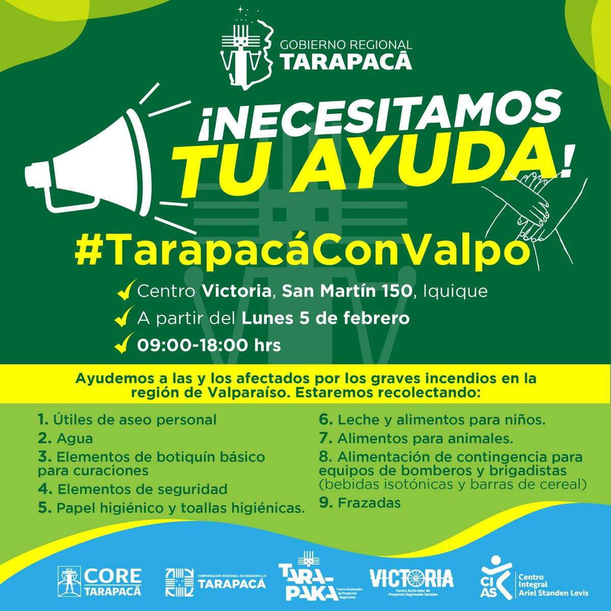 #TarapacáConValpo🩵💚 @Gore_Tarapaca; @CoredeTarapaca; @CorporacionTar; Centros #TaraPaka, #Victoria y #ArielStanden, inician campaña de ayuda para las familias afectadas por los incendios en la reg. de #Valparaíso: ✅Centro Victoria, #Iquique ✅5 de feb. ✅09-18 hrs. +info.👇