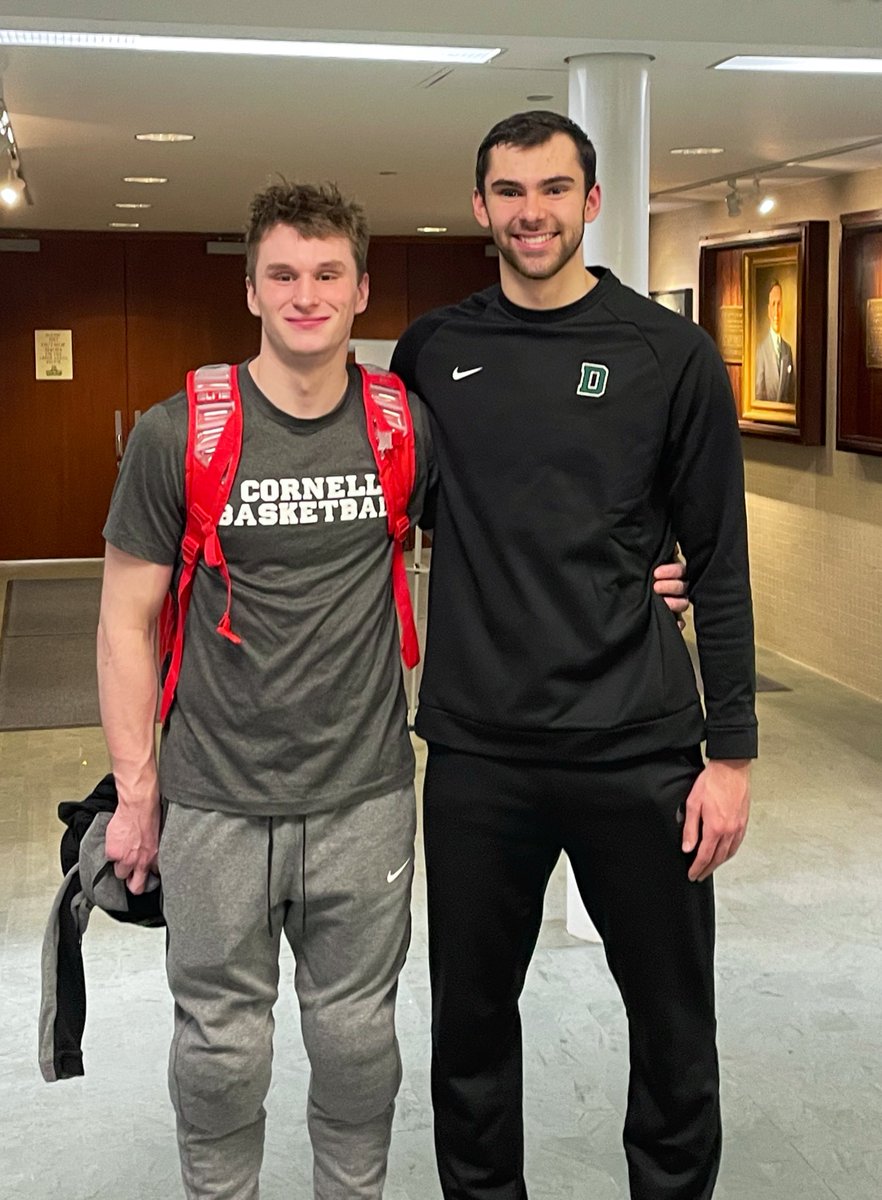 Teammates for life <a href="/FiegenJake/">Jake Fiegen</a> and <a href="/jacksonmunro41/">Jackson Munro</a> get to catch up after <a href="/cornell_mbb/">Cornell Men's Basketball</a> defeated <a href="/DartmouthMBB/">Dartmouth Men’s Basketball</a> in a close one. Best of luck to both Trevians and their teams the rest of the season. <a href="/AthleticsNTHS/">New Trier Athletics</a>