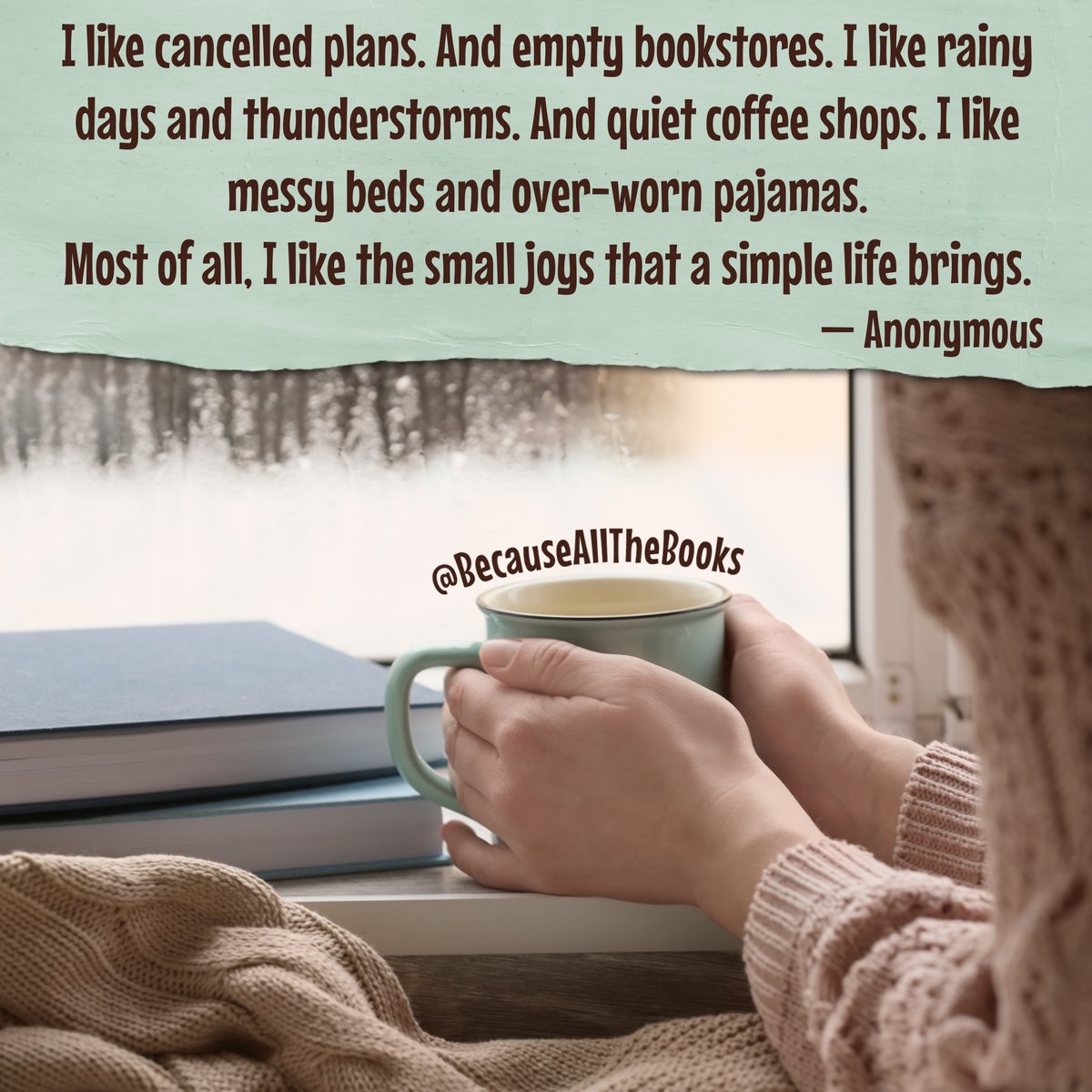 I like cancelled plans. And empty bookstores. I like rainy days and thunderstorms. And quiet coffee shops. I like messy beds and over-worn pajamas. Most of all, I like the small joys that a simple life brings. - Anonymous Author ~ #TheLittleThings