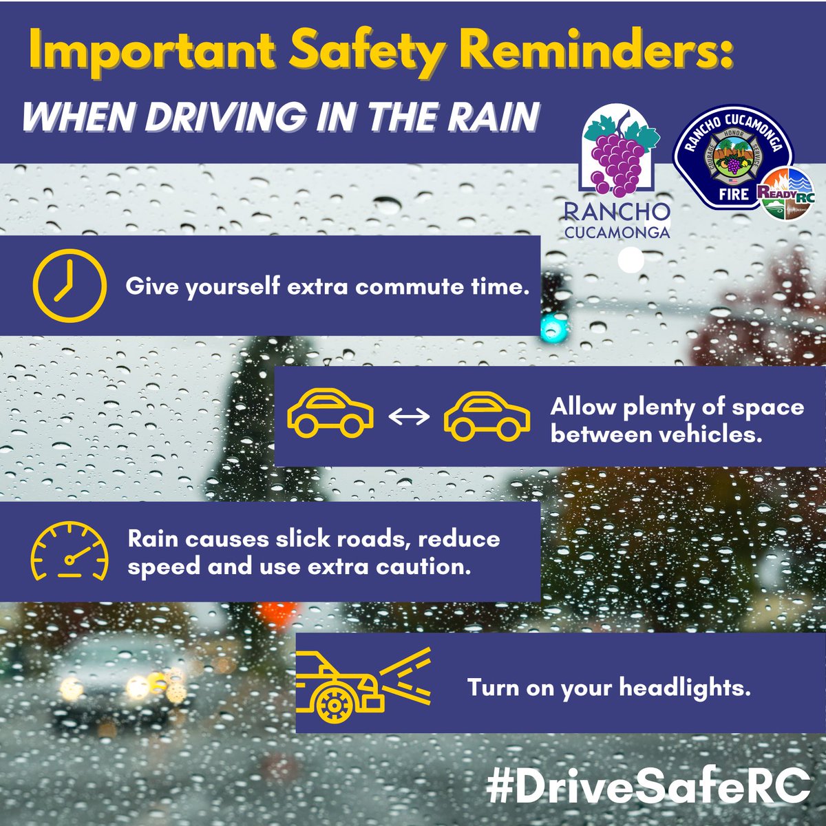 CityOfRC's tweet photo. During the storm, we encourage residents to stay off the roads & avoid any non-essential travel. If driving is necessary, remember these safety tips:
• Slow down & keep a distance
• Turn on headlights
• Inspect windshield wipers
• Avoid standing water
#DriveSafeRC https://t.co/CS9IBciaW5