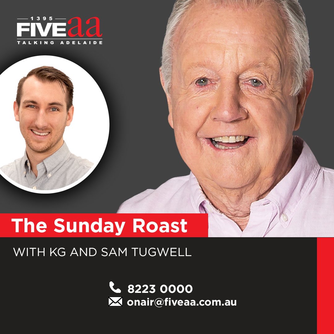 1395FIVEAA's tweet photo. The Sunday Roast with KG + @samtugwell_15 8223 0000. Today: @jordan_mcardle5 @AdelaideGiants + @StefanMauk @AdelaideUnited + @Adelaide36ers should the historic Jersey stay? #sundayroast #fiveaa https://t.co/Yf9lxfBXvn