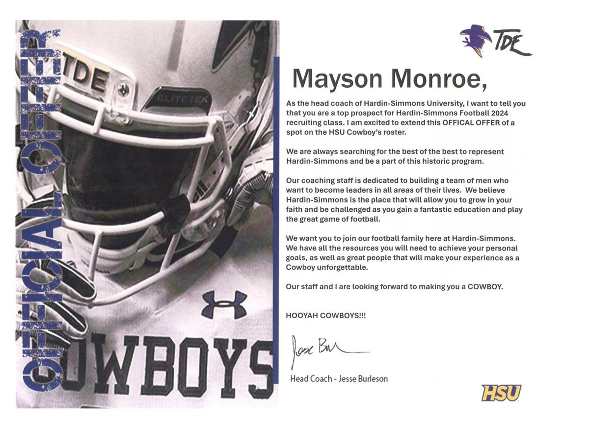 MaysonMonroe's tweet photo. Absolutely Blessed to receive my 2nd official offer from @HSUCowboys ! Had an amazing visit and enjoyed connecting with the coaches. Grateful for this opportunity! @LeafMonty https://t.co/3rzEhJerNA