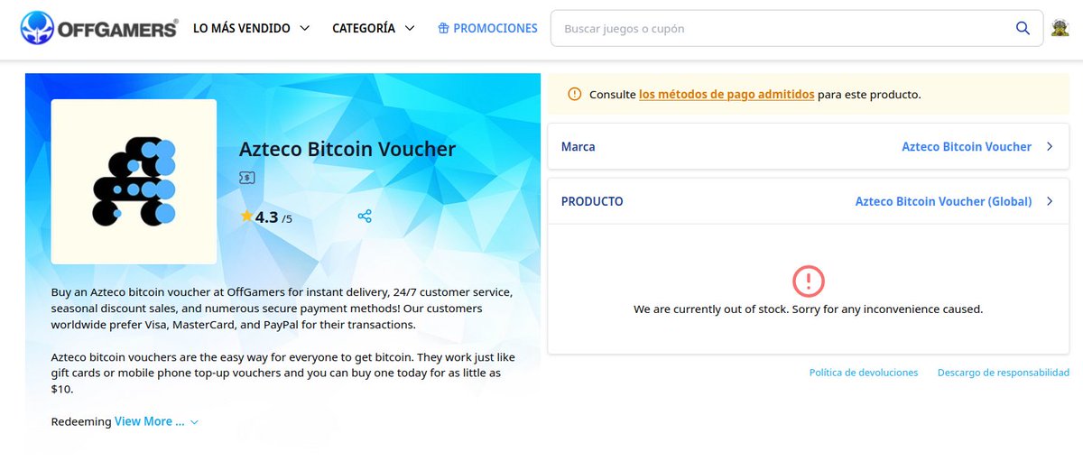 Vaya, han vaciado los vouchers de @Azteco_ en OffGamers. Muy buena la venta de ##bitcoin (que es la manera más rápida de convertir saldos de PayPal sin tener que pasar por transferencia bancaria nacional).
