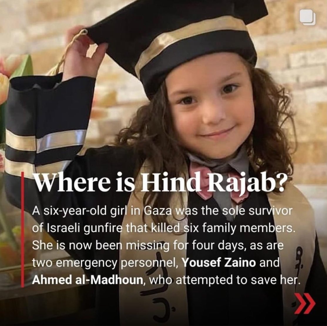 __OnlyOne_1's tweet photo. 🚨WHERE IS HIND RAJAB?

 A six-year-old girl in Gaza City was trapped in a car with the bodies of her family members killed by Israeli fire for hours as emergency workers were prevented from safely reaching her. She has now been missing for more than 100 hours.  #WhereIsHindRajab https://t.co/PvHQTkOx7H
