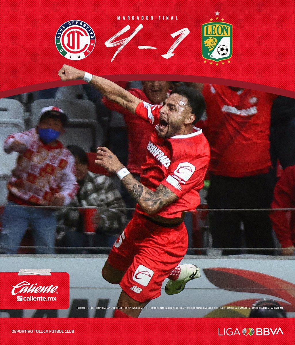 TolucaFC's tweet photo. ⏱ 90+4’ | 👹 4-1 🦁 | #𝗝𝗼𝗿𝗻𝗮𝗱𝗮𝟱
 
¡Se acabó, Diablos! Tremenda victoria ante @clubleonfc, ardió el Infierno. 🤩

𝘗𝘳𝘦𝘴𝘦𝘯𝘵𝘢𝘥𝘰 𝘱𝘰𝘳: @calientesports.
 
#NuestroViaje | #TuMismaSangre https://t.co/MrU5SuxMpK