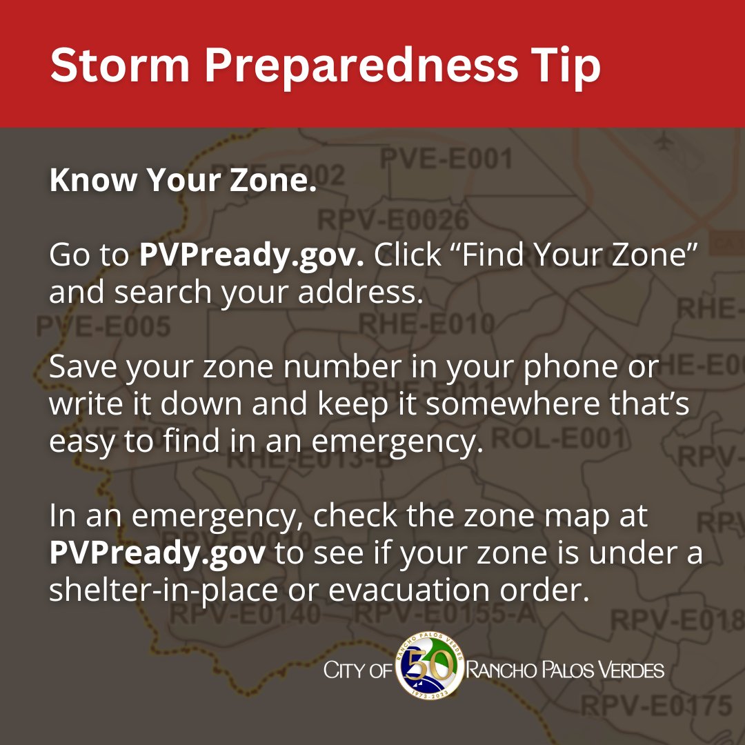 CityofRPV's tweet photo. 🚨 Know Your Zone.
Go to https://t.co/h4xib8k9b8, click “Find Your Zone” and search your address to find your evacuation zone. During an emergency, https://t.co/h4xib8k9b8 will show which zones are under a shelter-in-place or evacuation order.
#KnowYourZone #PVPready https://t.co/2BKkVnjGxo