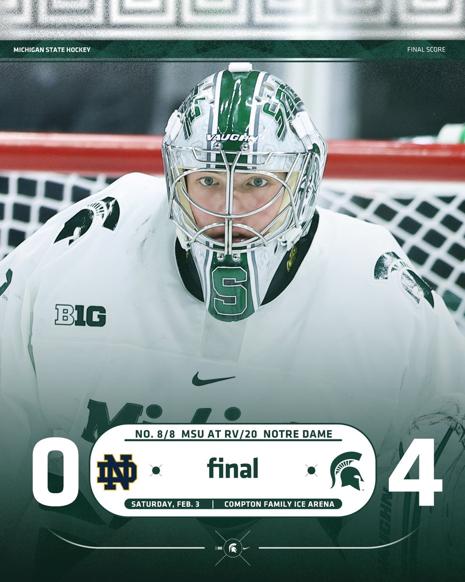 MSU_Hockey's tweet photo. Trey Augustine with a 31-save shutout as the Spartans earn the weekend split at Notre Dame.  MSU ties its win total from last year (18) and reaches a program-best 12 wins in B1G play.

#GoGreen https://t.co/PvFxQQNwB8