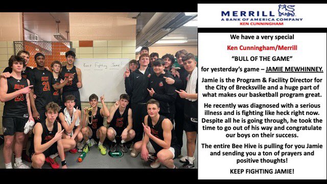 🏀 Ken Cunningham/Merrill “BULL OF THE GAME” - #16 at Nordonia. 🏀 Jamie Mewhinney🏀 Jamie does so much for our program & city. He is fighting a serious health issue right now. 🏀 If you want to help the family, click here. 👇👇👇👇👇👇 gofund.me/4b92ba4d @bigbaddaddyken1