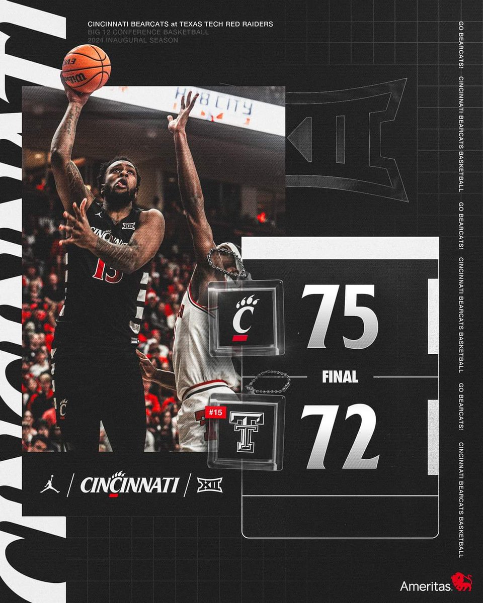 Great road win for the #Bearcats, 1st team to win at #15 Texas Tech this season. 🏀

#CincinnatiBearcats #GoBearcats #UCBearcats #BearcatStrong #BearcatPride #OneTeam #ProudlyCincinnati #BigXII #Big12