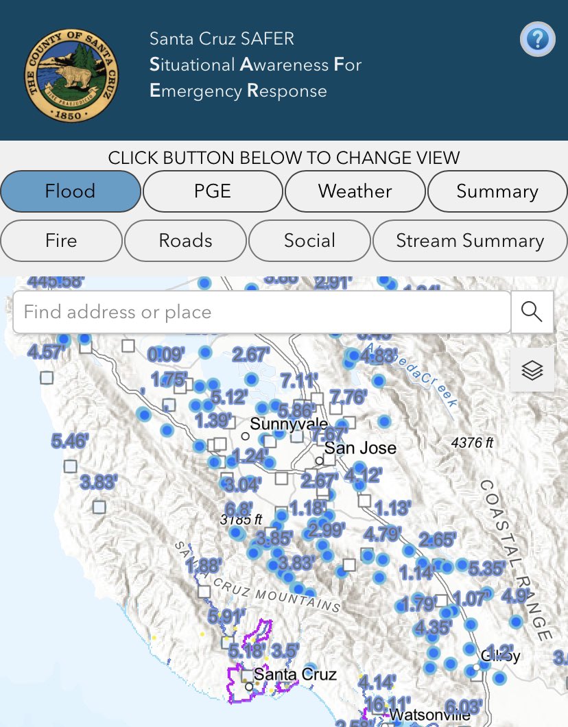 RadarSCM's tweet image. Santa Cruz County has put out a new product for situational awareness that includes river and stream forecasts, PG&amp;amp;E outages and road conditions. Great to see this info in an easy to navigate, public facing place.

experience.arcgis.com/experience/299…