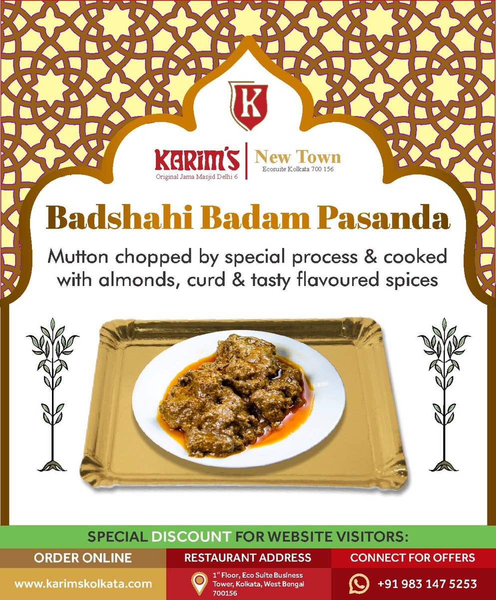 KarimsNewTown's tweet photo. Karim's New Town - Eco Suite's Badshahi Badam Pasanda is a mutton lover's dream come true.

Location Link: https://t.co/W2LX0OmELU
Online orders are accepted on https://t.co/mtXAROjo3c

#butterchicken #kolkata #kolkataculture #bengalicuisine #mughlai #tandoori #butternaan #kebab https://t.co/OG7jogiaXY