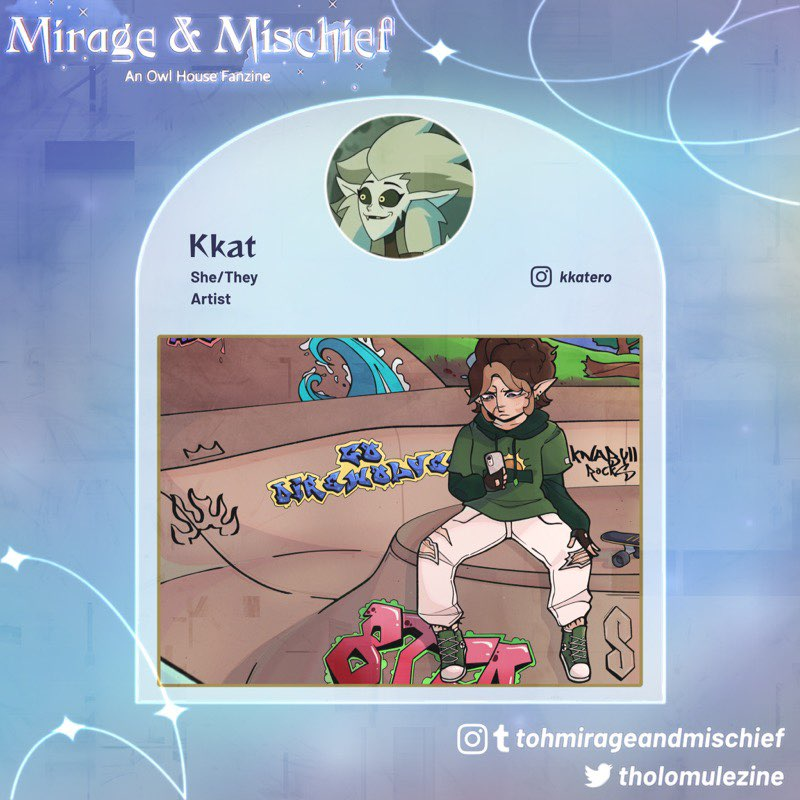 Kkat is one of the lovely artists for Mirage &amp; Mischief! 💙
You can find her on Instagram as kkatero!
•
⚔️👊🏾🪞
•
#TheOwlHouse #tohfanzine #gusporter #mattholomule #stevetholomule