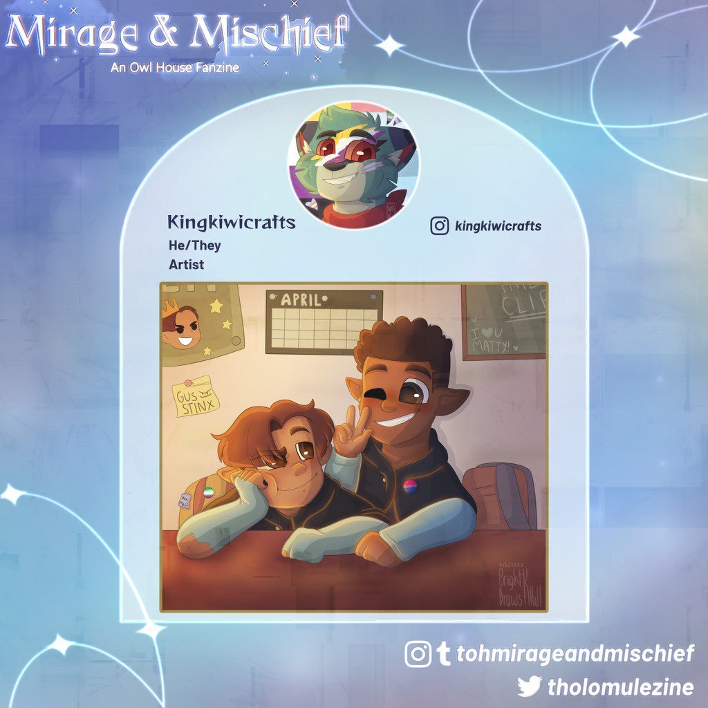 Kingkiwicrafts is one of the lovely artists for Mirage &amp; Mischief! 💙
You can find them on Instagram as kingkiwicrafts!
•
⚔️👊🏾🪞
•
#TheOwlHouse #tohfanzine #gusporter #mattholomule #stevetholomule