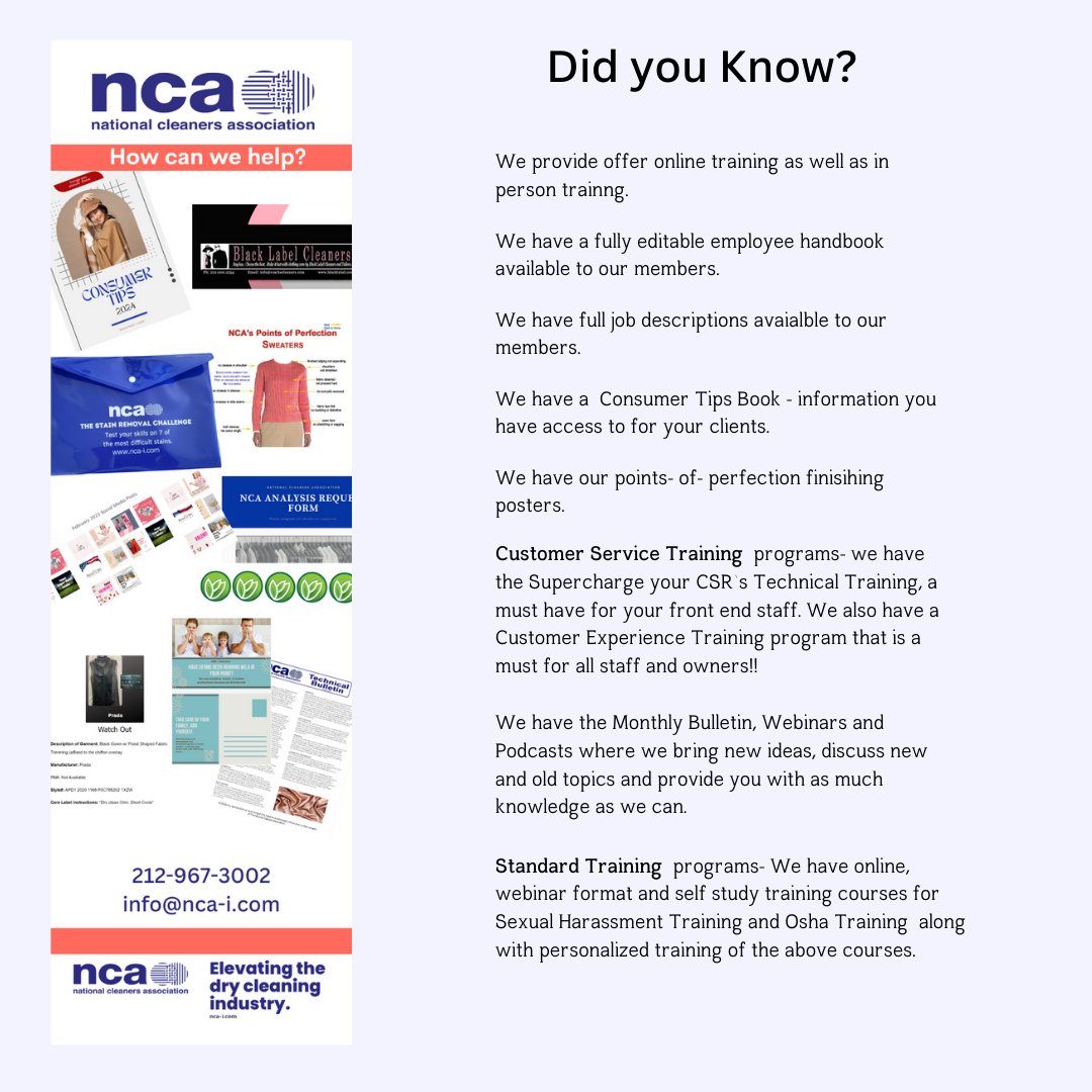 NcaCleaner's tweet image. We have a  Consumer Tips Book - information you have access to for your clients. We have our points- of- perfection finishing posters. Customer Service Training  programs- we have the Supercharge your CSR’s Technical Training and much more!
