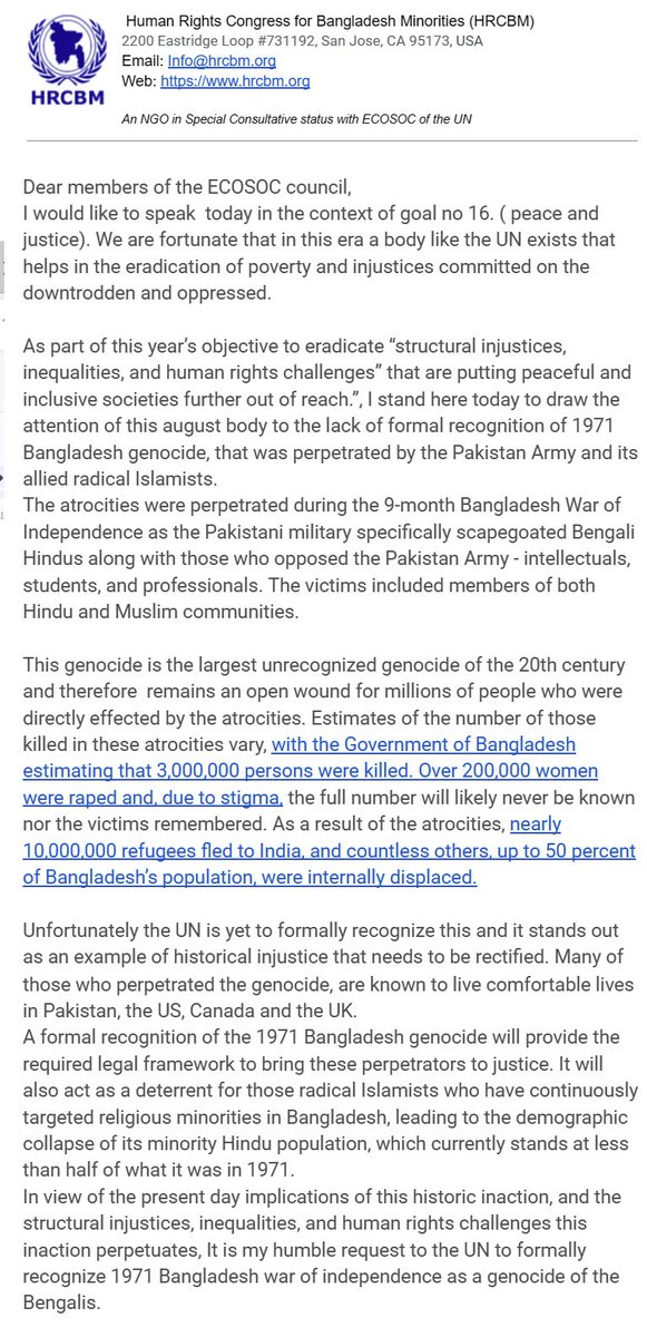 Our written submission at the recently concluded @UN @UNECOSOC forum in New York. A formal recognition of the 1971 Bangladesh genocide will provide the required legal framework to bring the perpetrators who remain unpunished, to justice. It will also act as a deterrent for those