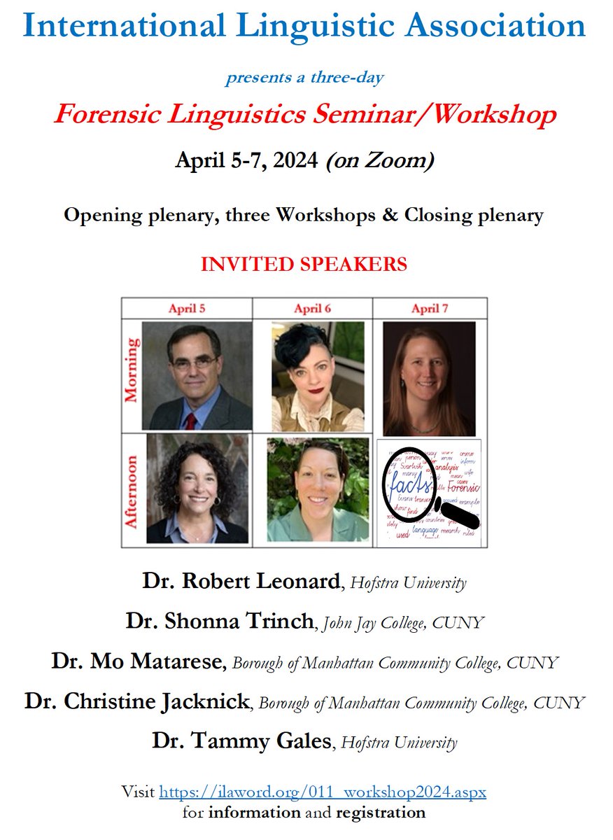 interlinguists's tweet photo. Interested in Forensic Linguistics?  Here's your opportunity! Learn from experts in the field.   

#forensics #ForensicLinguistics #Language #Law   

Visit 📷https://t.co/YU7IpjwZ2N  for more information and to register. https://t.co/YiWC1pNyxU