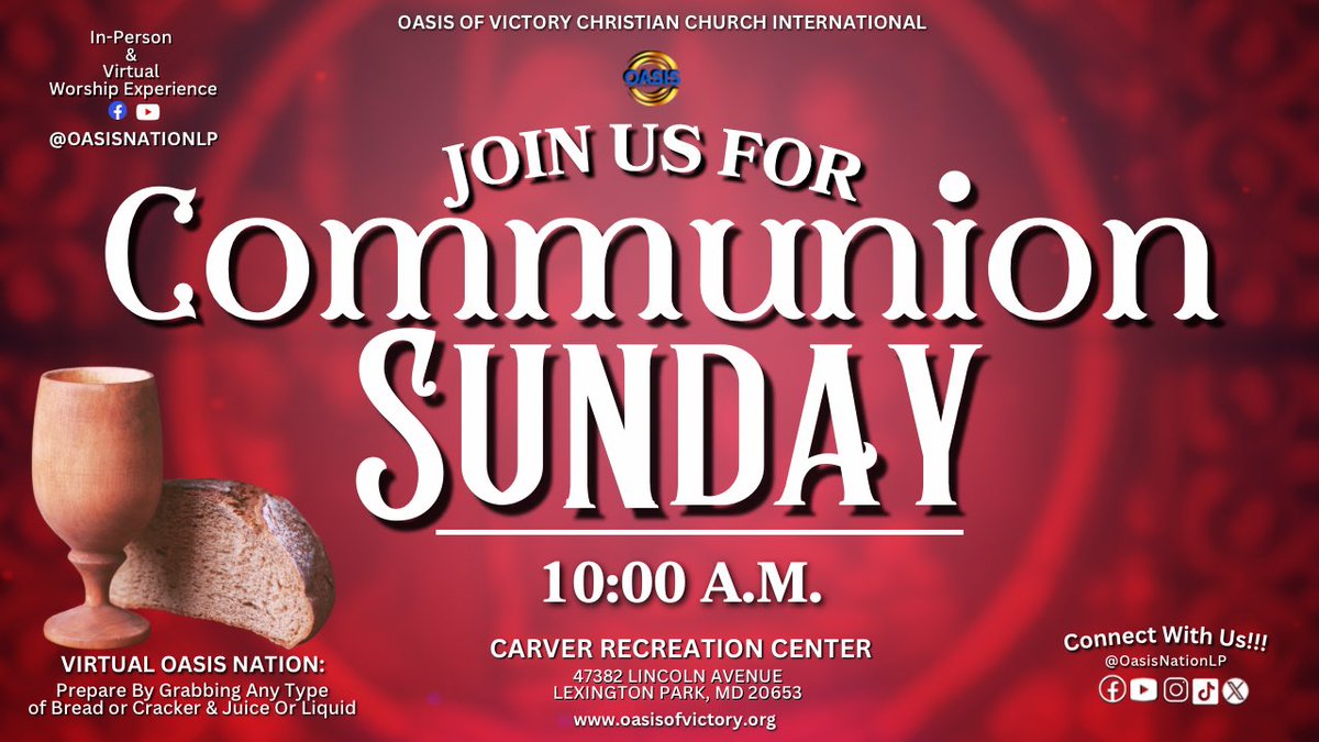 Join us tomorrow at 10:00 A.M. for Communion Sunday Worship Experience,  Online or In-Person at Carver Recreation Center. 
All are welcome!   
We have a seat saved for you!
#OasisNationLP #OVCCI  #OVCCIatCRC #YouBelongHere #Connect #CommunionSunday
#ConnectGroups #TogetherInFaith