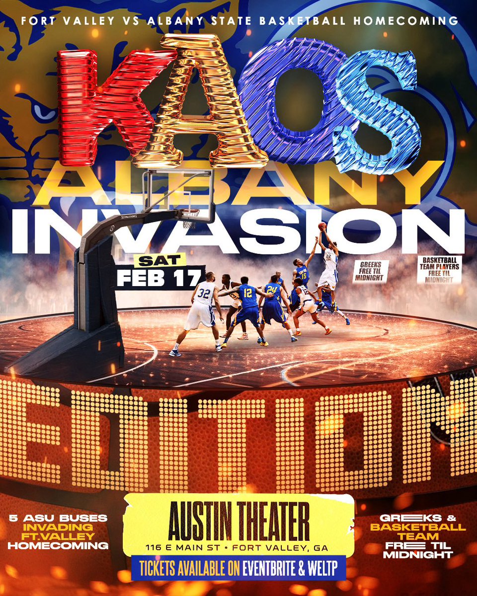 LBlockASU's tweet image. Albany State VS Fort Valley HC 

🔴🟡🟣🔵 K.A.O.S 🔴🟡🟣🔵

Date: Saturday February 📅📅📅

~~~ Greeks FREE TIL MIDNIGHT~~~ 
 
~~🏀Ball Team FREE til midnight ~~

Tickets 🎟️ 

weltp.com/event/KAOSASU

#DWE #LBlock #CoolNation  #MoneyMagic 
@LBlockASU