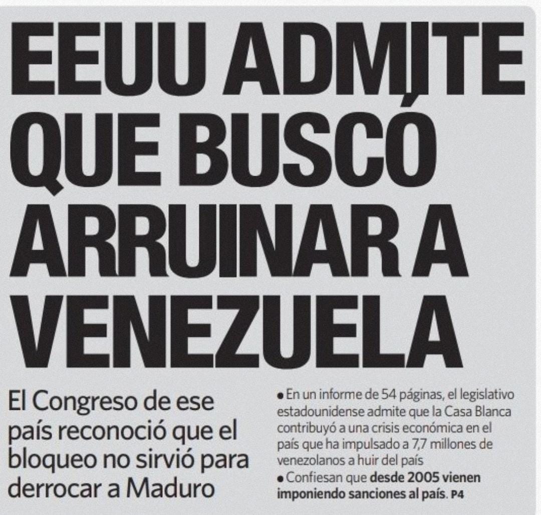 MarcoBo14299061's tweet photo. El Congreso de Estados Unidos admite que el bloqueo a Venezuela busco arruinar su economía y empobrecer a su pueblo para derrocar a Maduro, que es la misma estrategia que han hecho con Cuba desde hace 63 años y con Rusia desde hace 2 años. 👇🏻 https://t.co/Bo2LlTsjqn