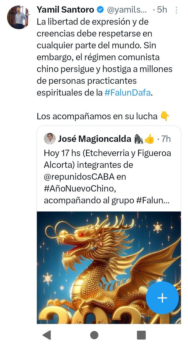 MundoLibreOK's tweet photo. 🇦🇷 En el marco del Año Nuevo Chino, el legislador porteño @yamilsantoro manifestó hoy su apoyo a la disciplina espiritual Falun Dafa -la cual es brutalmente perseguida por el Partido Comunista Chino-.

Integrantes del equipo de @repunidosCABA, encabezados por @magioncalda, se hicieron presentes en las celebraciones en Buenos Aires para acompañar a los practicantes de Falun Dafa locales que fueron increpados por la policía, por orden de la embajada china, para que no pudieran expresarse.

Las órdenes de la embajada china no tuvieron éxito y finalmente, los creyentes de esta disciplina de la Escuela Buda pudieron manifestarse pacíficamente.