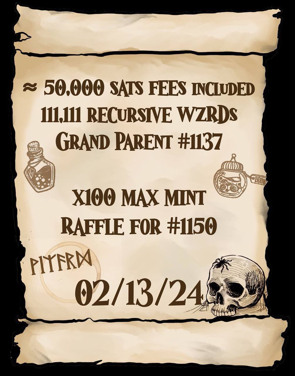WZRDS 🔮

≈ 50,000 sats fees included
111,111 recursive WZRDS
Grand Parent #1137

x100 max mint
Raffle for #1150

02/13/24

Upvote ord.io/59802004 for a little surprise 🪄