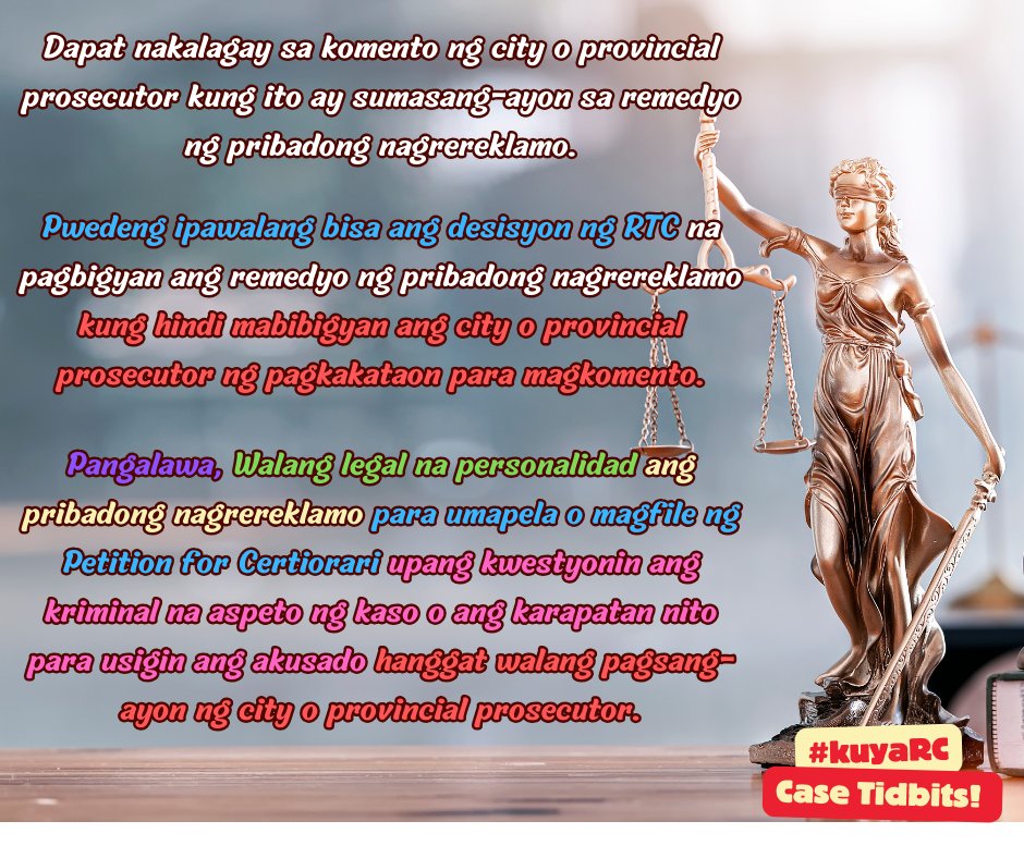 CPALawyerRCB's tweet photo. Pwede bang kwestyonin ng isang pribadong nagrereklamo ang desisyon sa isang criminal case ng mababang hukuman sa RTC, CA at SC? 🤔

Rebuelta vs. Rebuelta (C.J. Gesmundo) reiterating
‼️Austria vs. AAA‼️ (J. Lopez)

#KuyaRC
#CaseTidbits
#BatasAtBayan
#BarNiJLo2024 https://t.co/x2dLUoA5o7