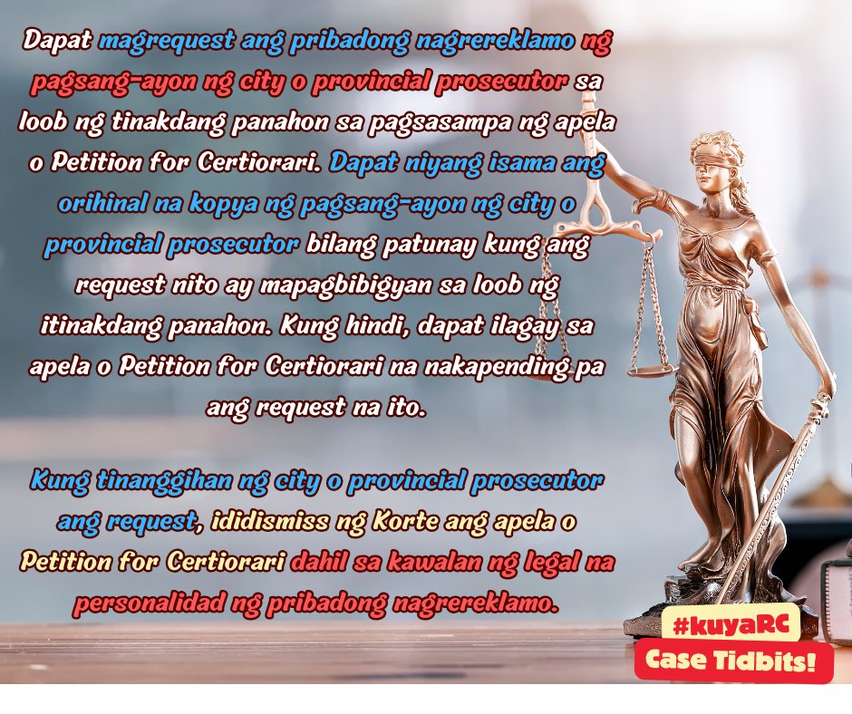 CPALawyerRCB's tweet photo. Pwede bang kwestyonin ng isang pribadong nagrereklamo ang desisyon sa isang criminal case ng mababang hukuman sa RTC, CA at SC? 🤔

Rebuelta vs. Rebuelta (C.J. Gesmundo) reiterating
‼️Austria vs. AAA‼️ (J. Lopez)

#KuyaRC
#CaseTidbits
#BatasAtBayan
#BarNiJLo2024 https://t.co/x2dLUoA5o7
