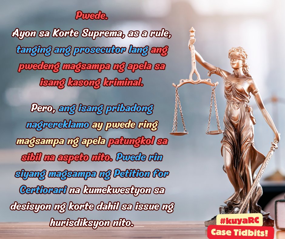 CPALawyerRCB's tweet photo. Pwede bang kwestyonin ng isang pribadong nagrereklamo ang desisyon sa isang criminal case ng mababang hukuman sa RTC, CA at SC? 🤔

Rebuelta vs. Rebuelta (C.J. Gesmundo) reiterating 
‼️Austria vs. AAA‼️ (J. Lopez) 

#KuyaRC
#CaseTidbits
#BatasAtBayan
#BarNiJLo2024 https://t.co/HUDhlfJi8b