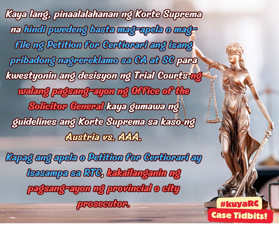 CPALawyerRCB's tweet photo. Pwede bang kwestyonin ng isang pribadong nagrereklamo ang desisyon sa isang criminal case ng mababang hukuman sa RTC, CA at SC? 🤔

Rebuelta vs. Rebuelta (C.J. Gesmundo) reiterating 
‼️Austria vs. AAA‼️ (J. Lopez) 

#KuyaRC
#CaseTidbits
#BatasAtBayan
#BarNiJLo2024 https://t.co/HUDhlfJi8b