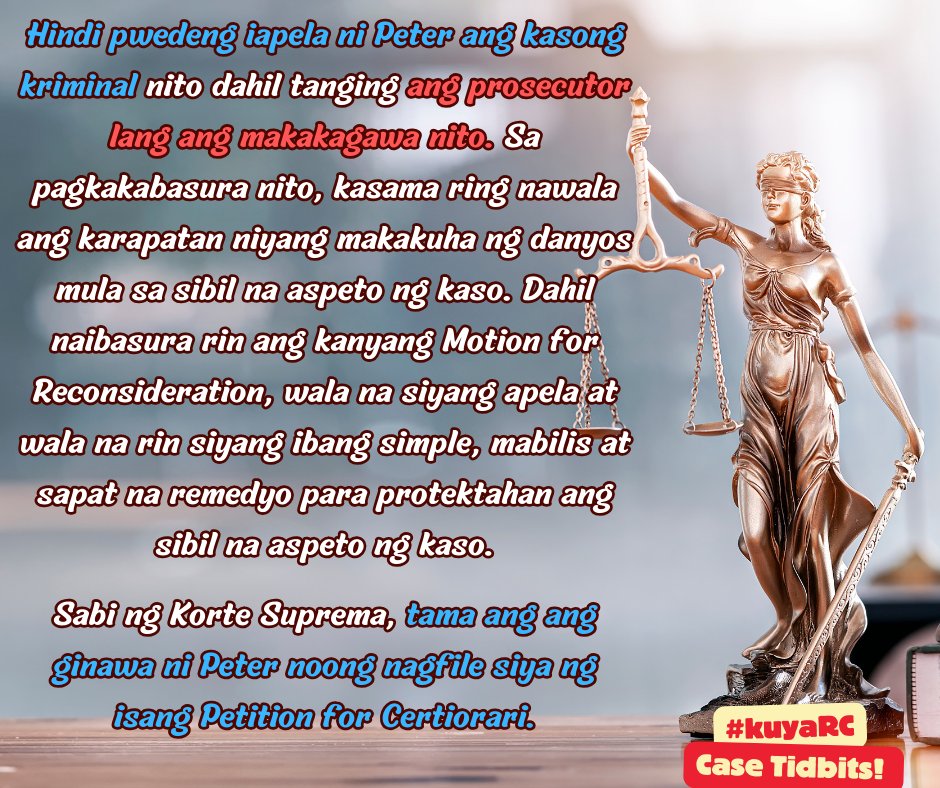 CPALawyerRCB's tweet photo. Pwede bang kwestyonin ng isang pribadong nagrereklamo ang desisyon sa isang criminal case ng mababang hukuman sa RTC, CA at SC? 🤔

Rebuelta vs. Rebuelta (C.J. Gesmundo) reiterating 
‼️Austria vs. AAA‼️ (J. Lopez) 

#KuyaRC
#CaseTidbits
#BatasAtBayan
#BarNiJLo2024 https://t.co/HUDhlfJi8b