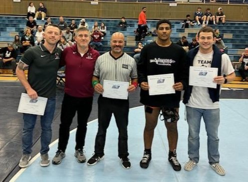 SPSL Boys Wreslting coaches selected the following individuals for awards (L to R):
Bethel HS Assistant Coaching Staff of the Year.
Tony Golder, Official of the Year. 
Ronel Parker-Borrero, GK, Wrestler of the Year.
Justin Rambow, Rogers, Coach of the Year.