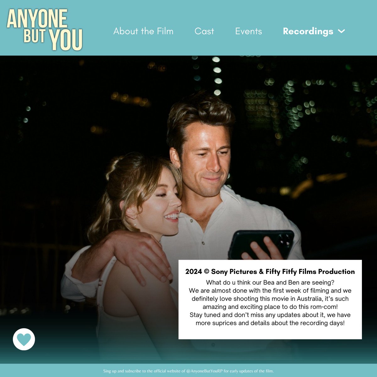 AnyoneButYouRP's tweet photo. 👩🏼‍❤️‍👨🏻 🎬 © #AnyoneButYouRP •  𝗕𝗲𝗵𝗶𝗻𝗱 𝗧𝗵𝗲 𝗦𝗰𝗲𝗻𝗲𝘀
Sony Pictures, 𝟮𝟬𝟮𝟰 𝗢𝗿𝗶𝗴𝗶𝗻𝗮𝗹 ®

↳ N͟e͟w͟ P͟o͟s͟t͟: What do you think they are looking at?
We are almost done with the first week of filming and we definitely love shooting this movie in Australia! https://t.co/bODyY5ssor