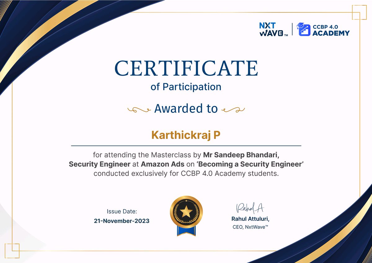 karthickraj29's tweet image. Awesome Masterclass on &apos;Becoming a Security Engineer&apos; by Mr Sandeep Bhandari, a Security Engineer at Amazon Ads. Learned a lot from his tips and tricks. Thank you Mr Bhandari! 🚀👍🙌🔥👏😍 #security #masterclass #ccbp #learning #career #amazon #nxtwave @nxtwave_tech #ccbpian