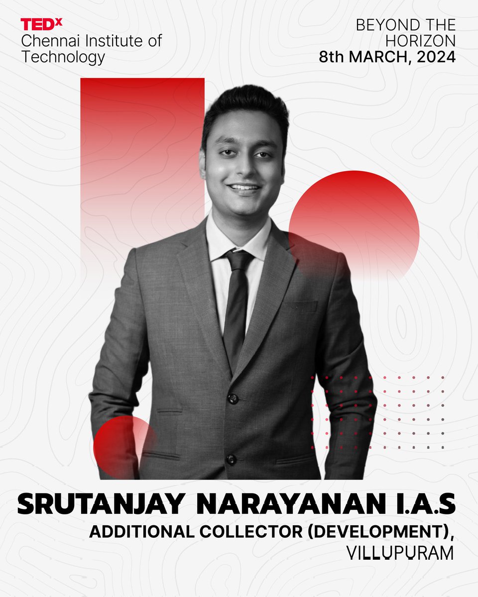 tedxcitchennai's tweet photo. Join Mr. Srutanjay Narayanan IAS, the Additional Collector(Development) of Villupuram district, on March 8th, 2024, at TEDxChennai Institute Of Technology as we embark on a journey in his lead
@Srutanjay 

#tedx #tedxspeaker #TEDxCIT #speakerreveal #march8th #TedEvents #JoinUs https://t.co/t8sVbJCPCx
