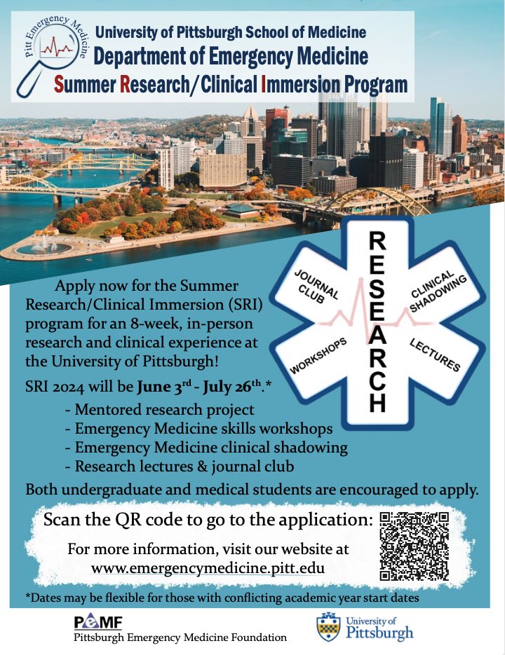 🙌🏽Exciting Opportunity @upmcem! Summer Research/Clinical Immersion Program 6/3/24-7/26/24 Engage in hands-on research, EM skills workshops, and clinical shadowing. Open to undergrads & med students, including UiM folks Apply by April 1 🔗 emergencymedicine.pitt.edu/students/resea… @raindancers12