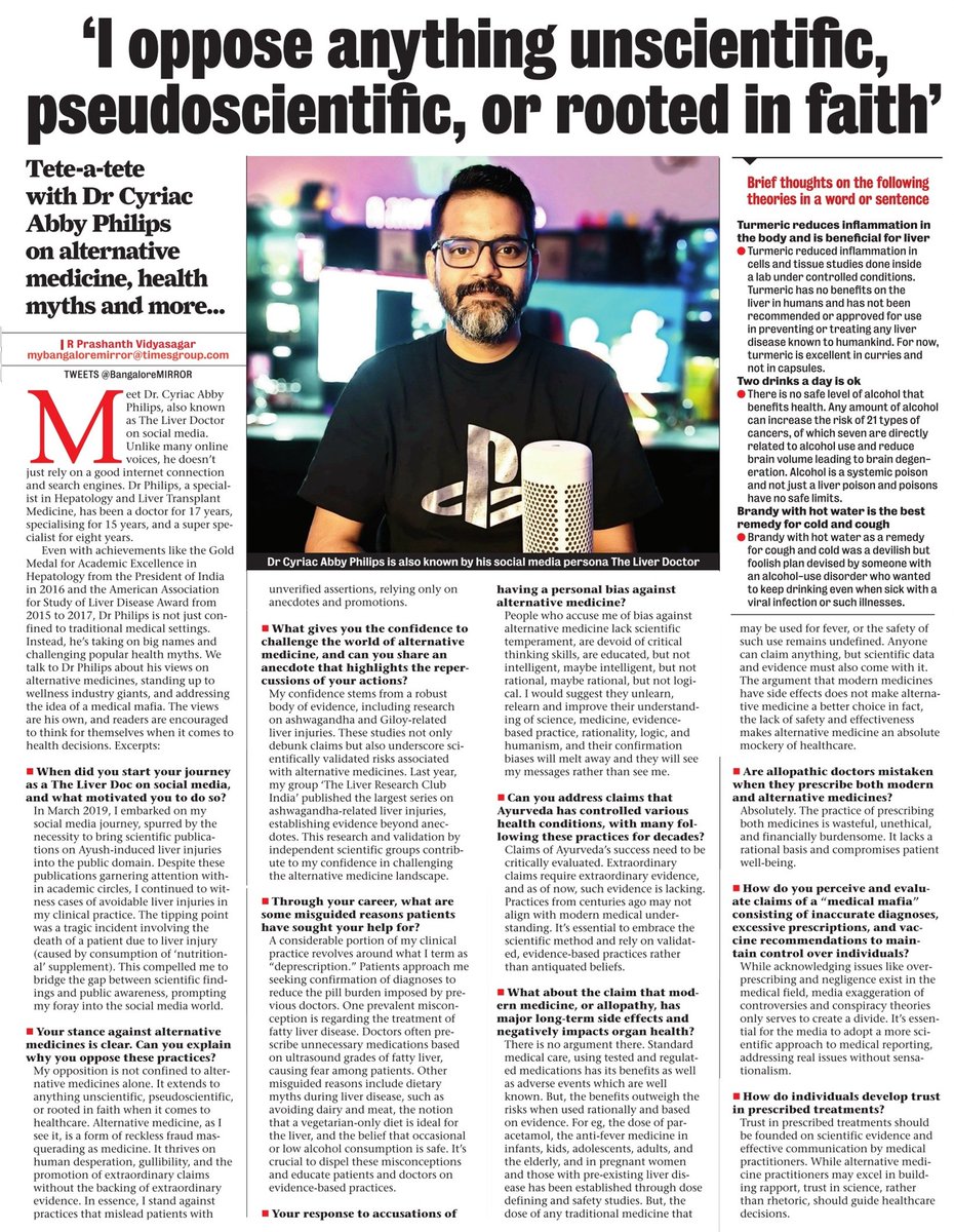 theliverdoc's tweet photo. Good Sunday Morning to you. 
Please grab a cup of coffee (or two) and do read my one-on-one, conversation with @writerpvs for the @BangaloreMirror on all things personal, science, healthcare myths and medical conspiracies. 
Hope you will like it.

https://t.co/kl3S9sM2A1