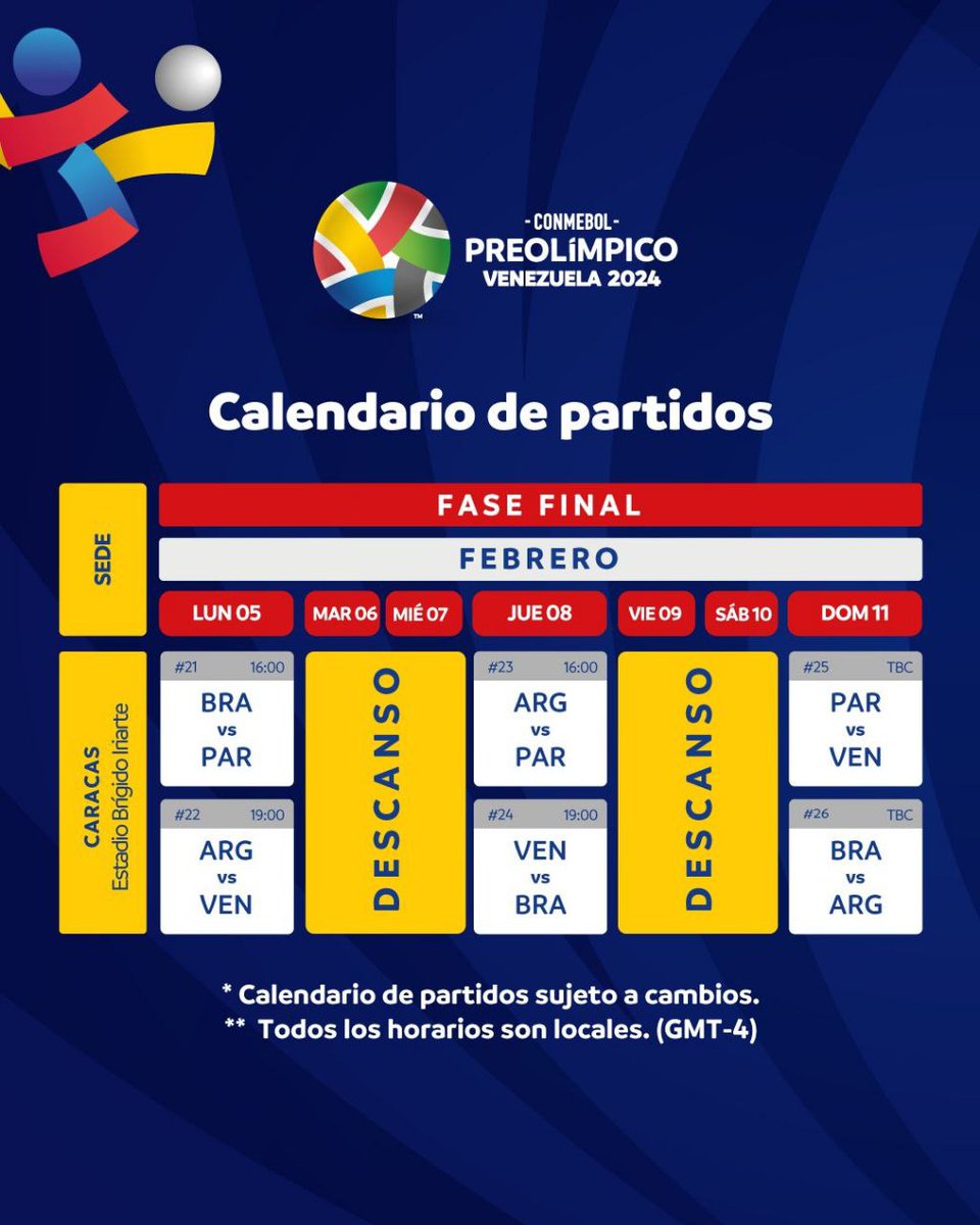 JCampesinaCbb's tweet photo. #CuadrangularFinal
Así jugará la #Vinotinto el cuadrangular final del #Preolímpico, dónde buscará quedarse con uno de los dos cupos a #París2024.
#Venezuela vs #Argentina
5 de febrero.
#Venezuela vs #Brasil
8 de febrero.
#Venezuela vs #Paraguay
11 de febrero. https://t.co/MNp5UAG8Z9