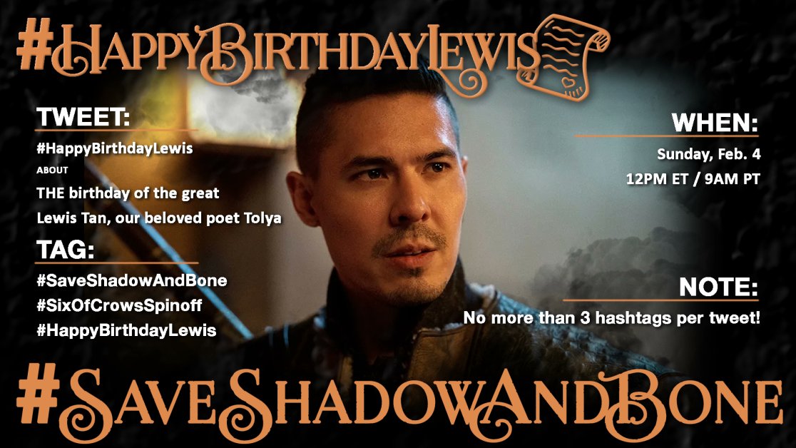 savethegrisha's tweet photo. #SaveShadowAndBone & #SixOfCrowsSpinoff TWEETING PARTY 2/04 at 12PM EST
Β· Use #HappyBirthdayLewis to celebrate the man who brought our favorite poet Tolya to life!
Β· Only use three hashtags!
Β· Have fun, be engaging, and keep sharing https://t.co/w9tV3mTQep