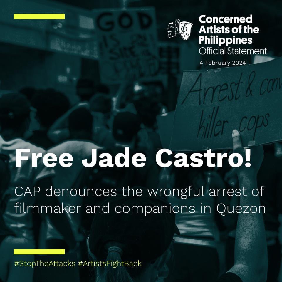 FREE JADE CASTRO NOW! We denounce the warrantless arrest of filmmaker Jade Castro by the Philippine National Police. Castro, with three other friends on vacation, remains illegally detained by the Quezon Police Province in, Mulanay, Quezon. #StopTheAttacks #ArtistsFightBack