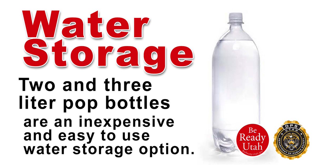 BeReadyUtah's tweet photo. #Prepare emergency water storage: Two and three liter pop bottles are food grade, last a long time, are inexpensive, and easy to find. Rinse them out with hot water and fill up. Can be stored under sinks, in closets, and under beds. See the #BeReadyBuzz: https://t.co/Mu376VAJsD. https://t.co/YfcHYQxmzA