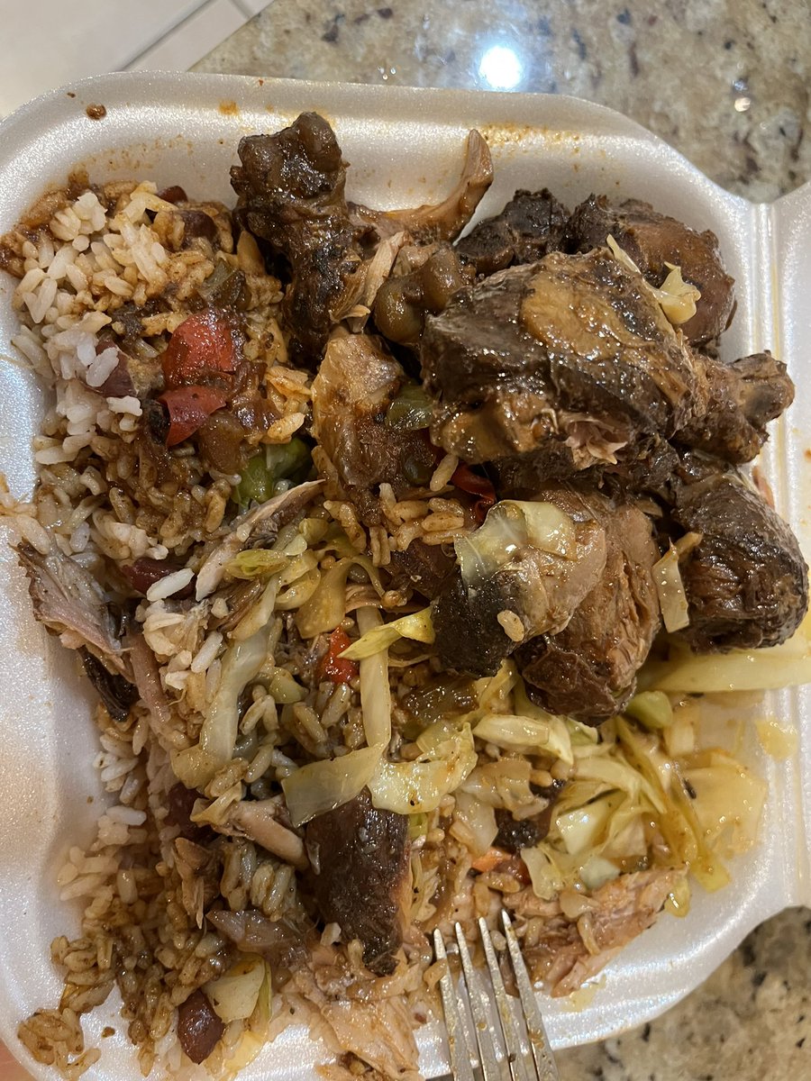 I definitely love some good Jamaican food. Getting down with some brown stew, pea rice & steamed cabbage. 😋🤤 
#jamaicanFood #Jamaica