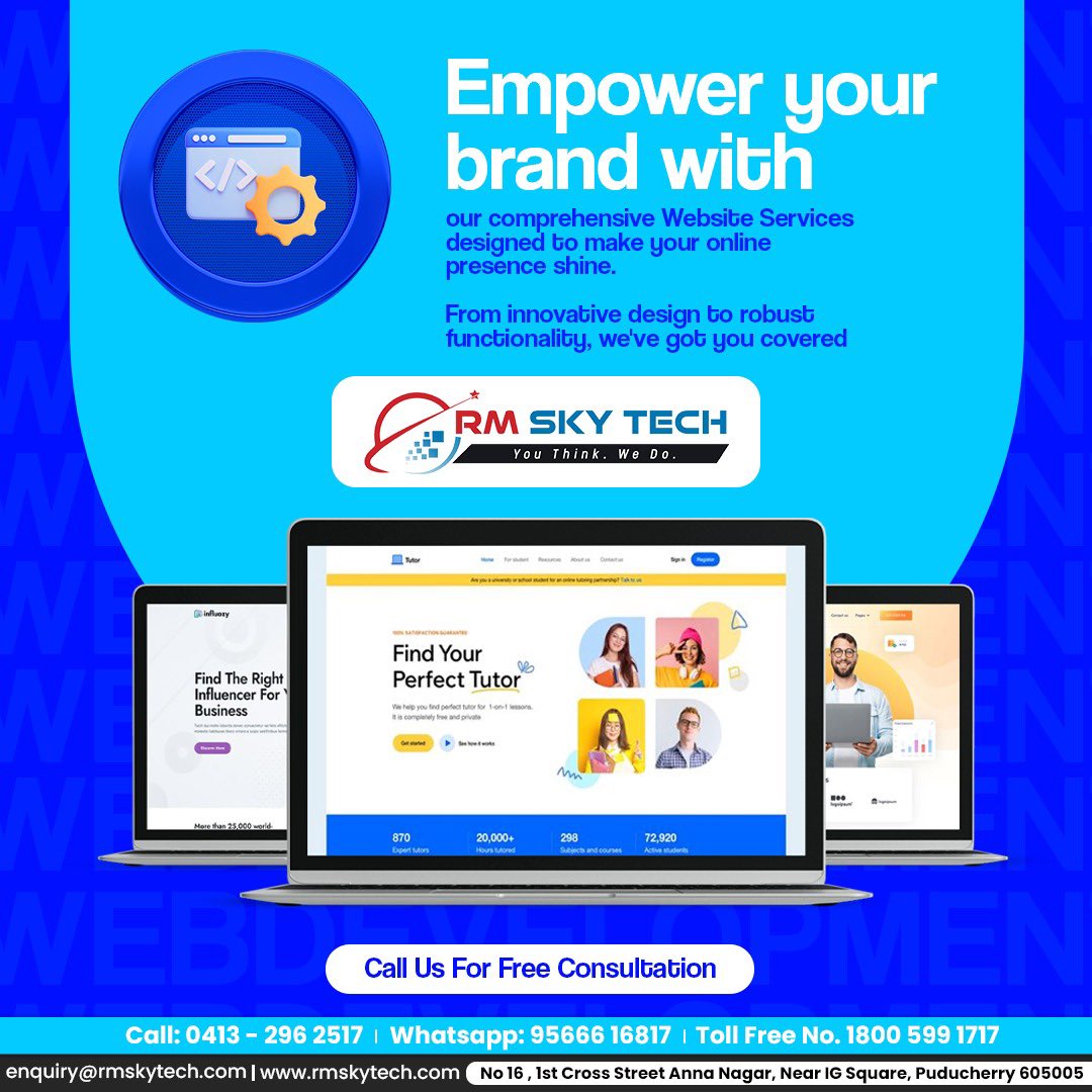 Empowering Your Online Presence: Unleash the Power of Our Comprehensive Website Services.

WhatsApp: 9566616817
E-Mail: enquiry@rmskytech.com

#BrandDevelopment #MarketingStrategy #WebServices #DigitalPresence #OnlineBusiness #WebsiteSolutions #WebDevelopment #pondicherry