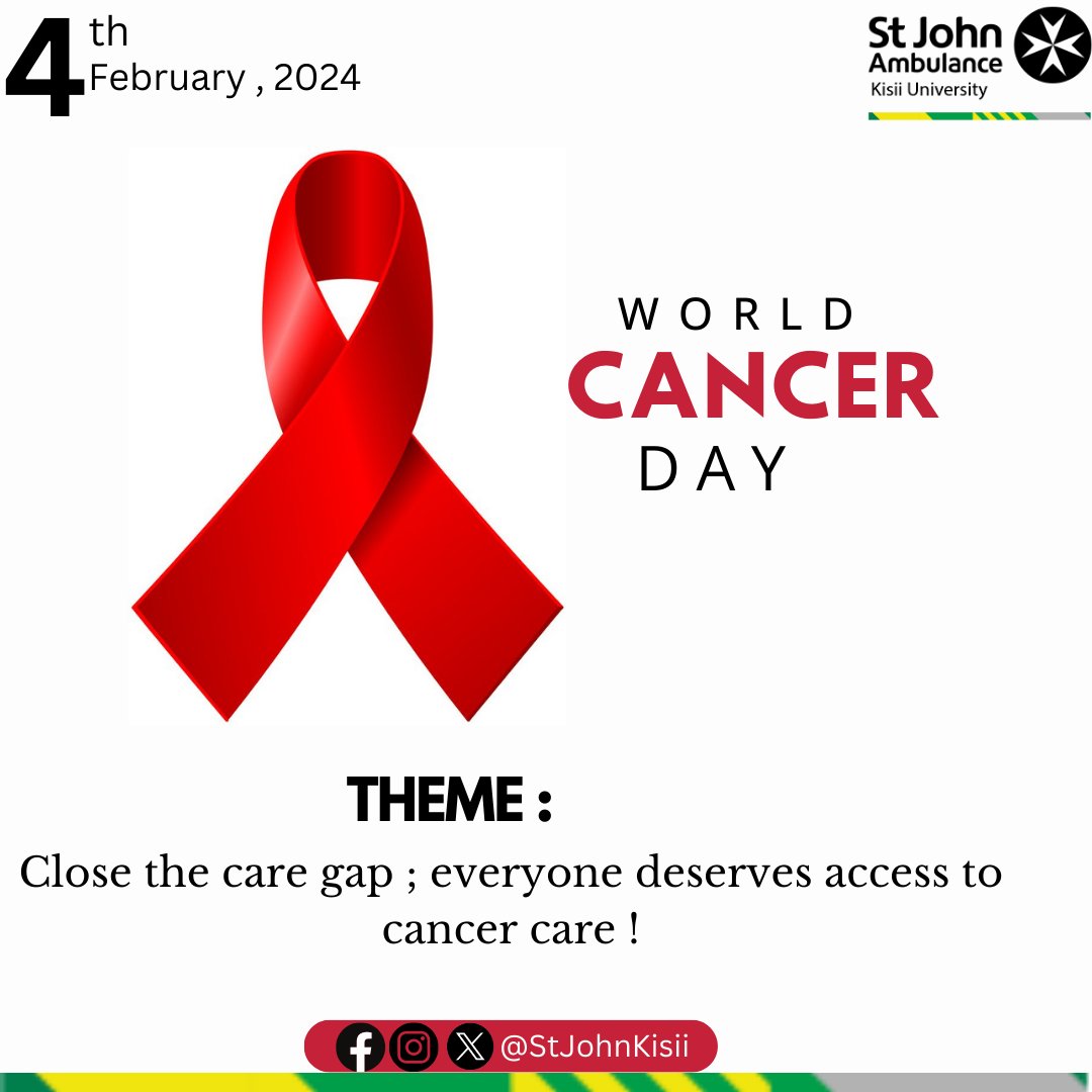 Don't die alone ; together we can end cancer . Eating healthy, regular exercise, avoiding smoking and alcohol, avoiding exposure to radiation , regular vaccination , screening and health education lowers the risk to develop cancer. #StJohnKisii #WorldCancerDay #CloseTheCareGap