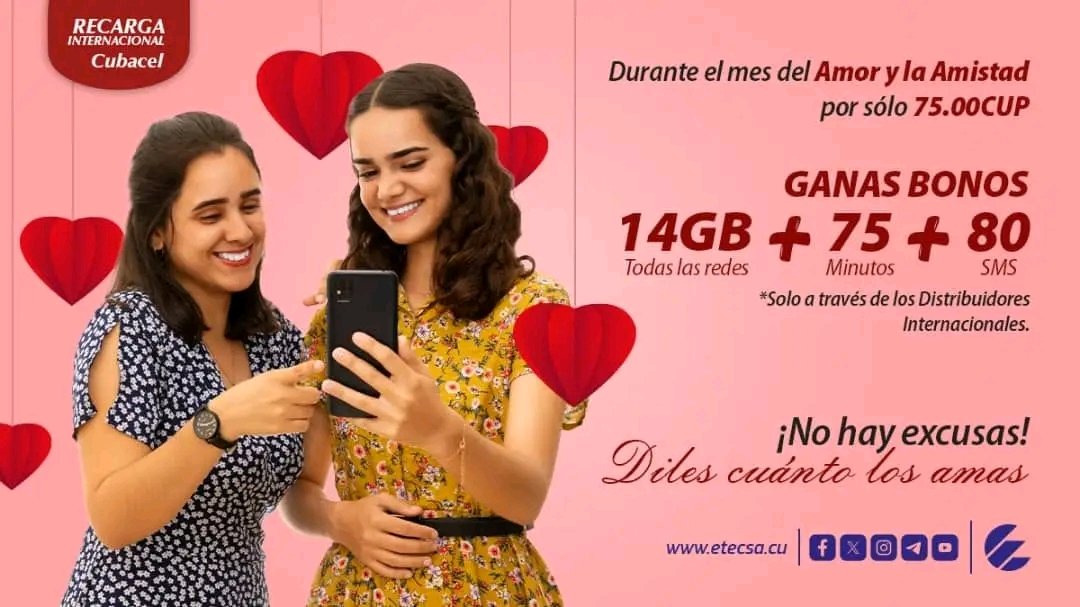 Durante todo el mes 📅 de febrero ♥️  por 75.00 cup recibe bonos 📦 de  Datos📶, Minutos ⏳️ y SMS📤
Acorte las distancias 🌍 con esta recarga 📲 internacional en el mes del amor 😍 y la amistad 👩‍❤️‍👨 porque #EtecsaTeAcompaña 💯