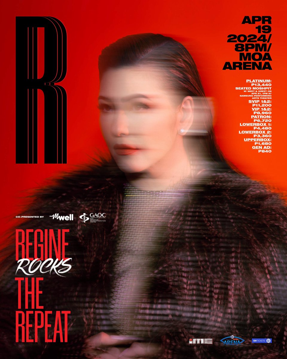 cacaimitra's tweet photo. REGINE ROCKS THE REPEAT
APRIL 19, 2024 8PM
MOA Arena

MEET &amp; GREET will be on APRIL 21, 1pm  
at Samsung Performing Arts Theater

For tickets:
https://t.co/XR3V6ZjB1M
and all  @sm_tickets outlets

@reginevalcasid 
#Reginerockstherepeat 
CO-PRESENTED BY:
@mwellph
@gaocdental https://t.co/PXxVU2HBF8