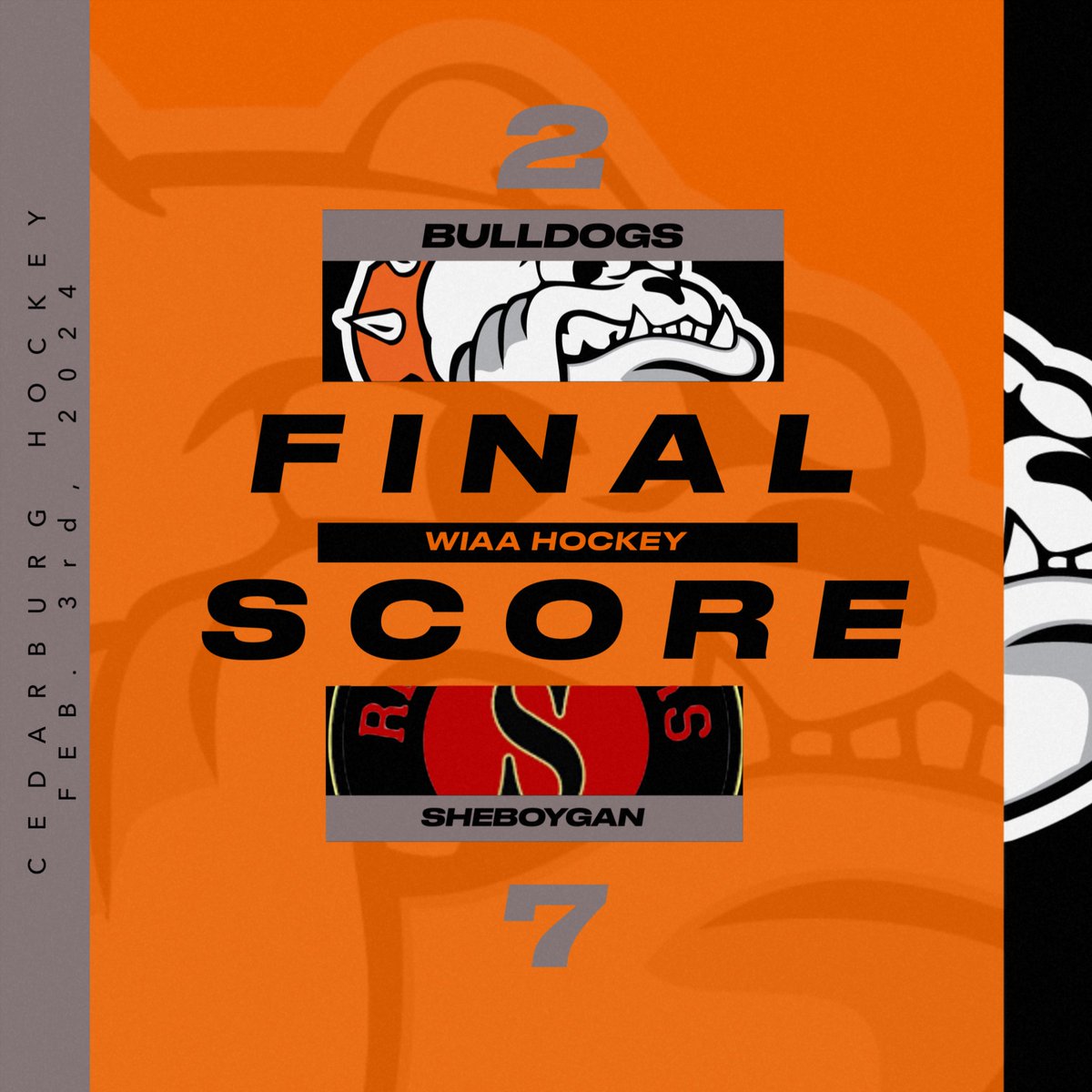 CHSBulldogPuck's tweet photo. FINAL SCORE: The Bulldogs lose to Sheboygan 7-2 tonight. Our last regular season game is next Saturday when we host Milton at 2:15 PM. https://t.co/xel1FRKV2F